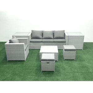 Garden Outdoor Furniture Set 6 Seater Rattan Sofa Set with Big Footstool Armchair 2 Side Tables Light Grey Mixed - Fimous Garden Outdoor Furniture Set 6 Seater Rattan Sofa Set with Big Footstool Armchair 2 Side Tables Light Grey Mixed - Fimous