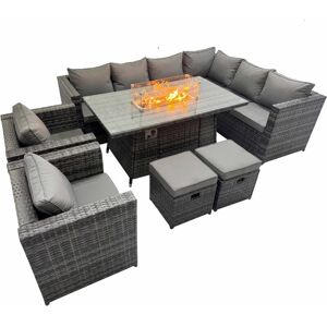 Fimous Garden Rattan Furniture Set 10 Seater Outdoor Corner Sofa 2 Chair Gas Firepit Dining Table Set with 2 Small Stools Dark Grey Fimous Garden Rattan Furniture Set 10 Seater Outdoor Corner Sofa 2 Chair Gas Firepit Dining Table Set with 2 Small Stools Dark Grey