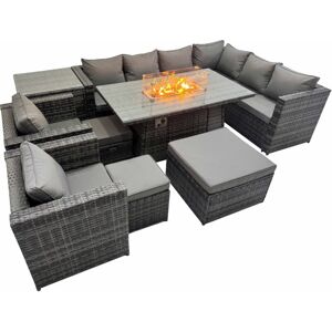 Fimous Garden Rattan Furniture Set 11 Seater Outdoor Corner Sofa 2 Chair Gas Firepit Dining Table Set with 3 Stools Side Table Dark Grey Fimous Garden Rattan Furniture Set 11 Seater Outdoor Corner Sofa 2 Chair Gas Firepit Dining Table Set with 3 Stools Side Table Dark Grey