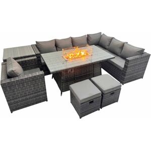Fimous Garden Rattan Furniture Set 9 Seater Outdoor Corner Sofa Chair Gas Firepit Dining Table Set with 2 Small Stools Side Table Dark Grey Fimous Garden Rattan Furniture Set 9 Seater Outdoor Corner Sofa Chair Gas Firepit Dining Table Set with 2 Small Stools Side Table Dark Grey