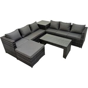Garden Rattan Outdoor Furniture Set 7 Seater Patio Corner Sofa Oblong Coffee Table with Big Stool Side Table Dark Grey - Fimous Garden Rattan Outdoor Furniture Set 7 Seater Patio Corner Sofa Oblong Coffee Table with Big Stool Side Table Dark Grey - Fimous