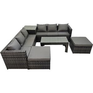 Garden Rattan Outdoor Furniture Set 8 Seater Patio Corner Sofa Oblong Coffee Table with 2 Big Stool Side Table Dark Grey - Fimous Garden Rattan Outdoor Furniture Set 8 Seater Patio Corner Sofa Oblong Coffee Table with 2 Big Stool Side Table Dark Grey - Fimous
