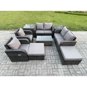 FIMOUS High Back Rattan Garden Furniture Set with Loveseat Sofa Rectangular Coffee Table 2 Side Tables 2 Big Footstool Indoor Outdoor Patio Lounge Sofa Set FIMOUS High Back Rattan Garden Furniture Set with Loveseat Sofa Rectangular Coffee Table 2 Side Tables 2 Big Footstool Indoor Outdoor Patio Lounge Sofa Set