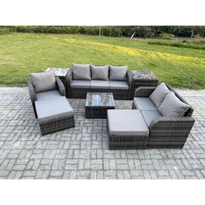 Indoor Outdoor Rattan Garden Furniture 8 Seater Set Table Sofa Chair Patio Conservatory with Grey Cushions 2 Side Tables 2 Big Footstool - Fimous Indoor Outdoor Rattan Garden Furniture 8 Seater Set Table Sofa Chair Patio Conservatory with Grey Cushions 2 Side Tables 2 Big Footstool - Fimous