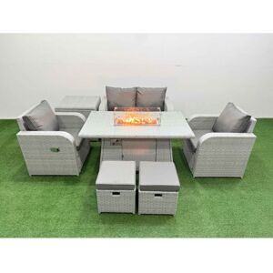 Light Grey pe Wicker Rattan Garden Furniture Set Sofa Set Reclining Chair Firepit Dining Table 6 Seater 2 Small Stools Side Table - Fimous Light Grey pe Wicker Rattan Garden Furniture Set Sofa Set Reclining Chair Firepit Dining Table 6 Seater 2 Small Stools Side Table - Fimous