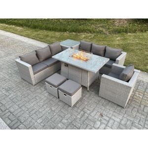 Light Grey Rattan Fire Pit Garden Furniture Dining Table Set Gas Heater Burner Lounge Sofa With Side Coffee Table - Fimous Light Grey Rattan Fire Pit Garden Furniture Dining Table Set Gas Heater Burner Lounge Sofa With Side Coffee Table - Fimous