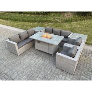 Light Grey Rattan Fire Pit Garden Furniture Set Gas Heater Burner Lounge Sofa Dining Set 2 Side Coffee Table And Chairs - Fimous Light Grey Rattan Fire Pit Garden Furniture Set Gas Heater Burner Lounge Sofa Dining Set 2 Side Coffee Table And Chairs - Fimous