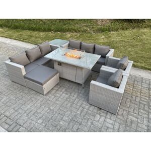 Light Grey Rattan Fire Pit Garden Furniture Set Gas Heater Burner Lounge Sofa Dining Set Coffee Table Chairs Footstool - Fimous Light Grey Rattan Fire Pit Garden Furniture Set Gas Heater Burner Lounge Sofa Dining Set Coffee Table Chairs Footstool - Fimous