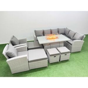 Outdoor Furniture Garden Dining Set Rattan Corner Sofa Chair Set Gas Fire Pit Table with Temper Glass Footstools Light Grey Mixed - Fimous Outdoor Furniture Garden Dining Set Rattan Corner Sofa Chair Set Gas Fire Pit Table with Temper Glass Footstools Light Grey Mixed - Fimous