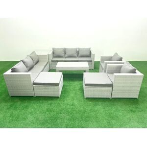 Outdoor Garden Furniture Rattan Sofa Set with 2 Armchairs Oblong Coffee Table 2 Big Footstools Side Table Light Grey Mixed - Fimous Outdoor Garden Furniture Rattan Sofa Set with 2 Armchairs Oblong Coffee Table 2 Big Footstools Side Table Light Grey Mixed - Fimous