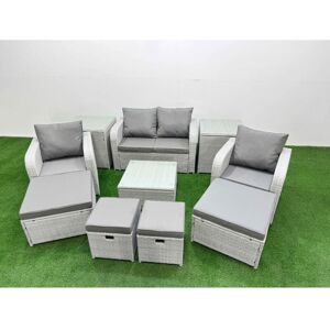 Fimous Outdoor Garden Furniture Set PE Rattan Love Sofa Reclining Chair Set with Coffee Table 4 Footstools 2 Side Tables Light Grey Fimous Outdoor Garden Furniture Set PE Rattan Love Sofa Reclining Chair Set with Coffee Table 4 Footstools 2 Side Tables Light Grey
