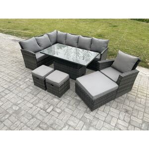 FIMOUS Outdoor Garden Furniture Set Wicker pe Rattan Height Adjustable Rising Lifting Table Sofa Dining Set with 3 Footstools Armchair Dark Grey Mixed FIMOUS Outdoor Garden Furniture Set Wicker pe Rattan Height Adjustable Rising Lifting Table Sofa Dining Set with 3 Footstools Armchair Dark Grey Mixed