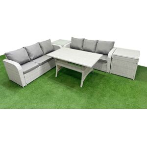 FIMOUS Outdoor Garden Furniture Sets 6 Seater Wicker Rattan Furniture Sofa Sets with Rectangular Dining Table high Back Lounge Sofa 2 Side Table Light Grey FIMOUS Outdoor Garden Furniture Sets 6 Seater Wicker Rattan Furniture Sofa Sets with Rectangular Dining Table high Back Lounge Sofa 2 Side Table Light Grey