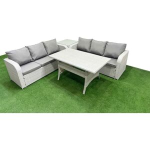 FIMOUS Outdoor Garden Furniture Sets 6 Seater Wicker Rattan Furniture Sofa Sets with Rectangular Dining Table high Back Lounge Sofa Side Table Light Grey FIMOUS Outdoor Garden Furniture Sets 6 Seater Wicker Rattan Furniture Sofa Sets with Rectangular Dining Table high Back Lounge Sofa Side Table Light Grey