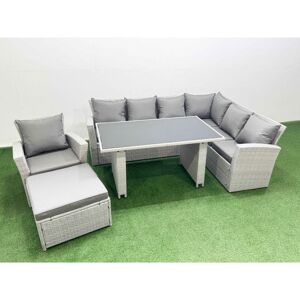 FIMOUS Outdoor Garden Furniture Sets 8 Seater Wicker Rattan Corner Sofa Sets with Rectangular Dining Table Lounge Sofa Big Footstool Armchair Light Grey FIMOUS Outdoor Garden Furniture Sets 8 Seater Wicker Rattan Corner Sofa Sets with Rectangular Dining Table Lounge Sofa Big Footstool Armchair Light Grey
