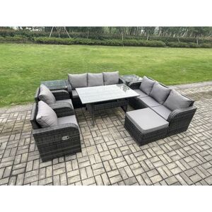 FIMOUS Outdoor Garden Patio Furniture Wicker Rattan Oblong Rectangular Dining Table and Lounge Sofa set with 2 Side Table Big Footstool Dark Grey Mixed FIMOUS Outdoor Garden Patio Furniture Wicker Rattan Oblong Rectangular Dining Table and Lounge Sofa set with 2 Side Table Big Footstool Dark Grey Mixed