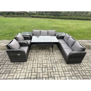 Outdoor Garden Patio Furniture Wicker Rattan Oblong Rectangular Dining Table and Lounge Sofa set with 2 Side Table Dark Grey Mixed - Fimous Outdoor Garden Patio Furniture Wicker Rattan Oblong Rectangular Dining Table and Lounge Sofa set with 2 Side Table Dark Grey Mixed - Fimous