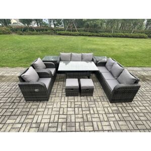 FIMOUS Outdoor Garden Patio Furniture Wicker Rattan Oblong Rectangular Dining Table and Lounge Sofa set with Adjustable Chair 2 Side Tables 2 Small FIMOUS Outdoor Garden Patio Furniture Wicker Rattan Oblong Rectangular Dining Table and Lounge Sofa set with Adjustable Chair 2 Side Tables 2 Small