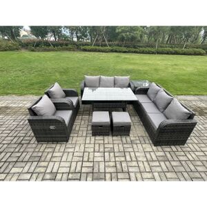 FIMOUS Outdoor Garden Patio Furniture Wicker Rattan Oblong Rectangular Dining Table and Lounge Sofa set with Side Table 2 Small Footstool Dark Grey Mixed FIMOUS Outdoor Garden Patio Furniture Wicker Rattan Oblong Rectangular Dining Table and Lounge Sofa set with Side Table 2 Small Footstool Dark Grey Mixed