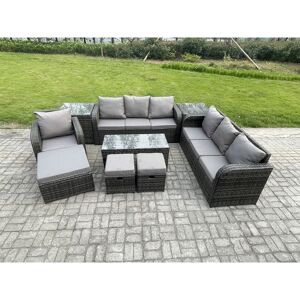 FIMOUS Outdoor Lounge Sofa Set 10 Seater Rattan Garden Furniture Set with Rectangular Coffee Table 3 Footstools 3 Seater Sofa 2 Side Tables Dark Grey Mixed FIMOUS Outdoor Lounge Sofa Set 10 Seater Rattan Garden Furniture Set with Rectangular Coffee Table 3 Footstools 3 Seater Sofa 2 Side Tables Dark Grey Mixed