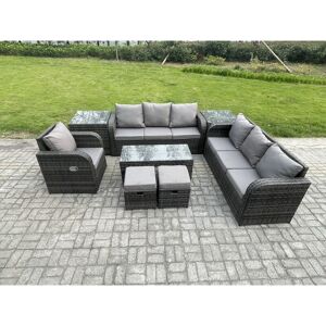 FIMOUS Outdoor Lounge Sofa Set 9 Seater Rattan Garden Furniture Set with Rectangular Coffee Table 2 Small Footstools 3 Seater Sofa 2 Side Tables Dark Grey FIMOUS Outdoor Lounge Sofa Set 9 Seater Rattan Garden Furniture Set with Rectangular Coffee Table 2 Small Footstools 3 Seater Sofa 2 Side Tables Dark Grey