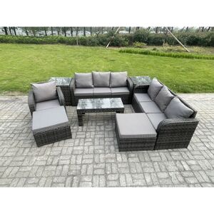 FIMOUS Outdoor Lounge Sofa Set 9 Seater Rattan Garden Furniture Set with Rectangular Coffee Table 3 Seater Sofa 2 Side Tables 2 Big Footstool Dark Grey FIMOUS Outdoor Lounge Sofa Set 9 Seater Rattan Garden Furniture Set with Rectangular Coffee Table 3 Seater Sofa 2 Side Tables 2 Big Footstool Dark Grey