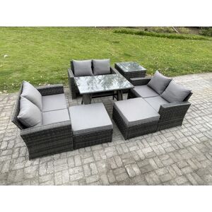 FIMOUS Outdoor Lounge Sofa Set Wicker pe Rattan Garden Furniture Set with Rectangular Dining Table 2 Seat Sofa 2 Big Footstool Side Table Dark Grey Mixed FIMOUS Outdoor Lounge Sofa Set Wicker pe Rattan Garden Furniture Set with Rectangular Dining Table 2 Seat Sofa 2 Big Footstool Side Table Dark Grey Mixed