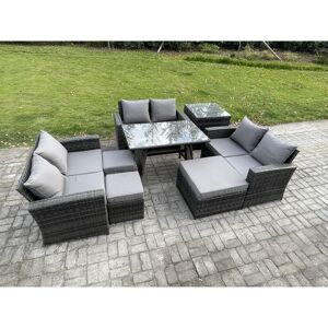 FIMOUS Outdoor Lounge Sofa Set Wicker pe Rattan Garden Furniture Set with Rectangular Dining Table 2 Seat Sofa 3 Footstools Side Table Dark Grey Mixed FIMOUS Outdoor Lounge Sofa Set Wicker pe Rattan Garden Furniture Set with Rectangular Dining Table 2 Seat Sofa 3 Footstools Side Table Dark Grey Mixed