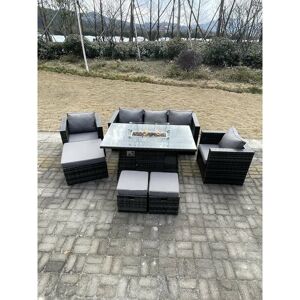 Fimous Outdoor PE Rattan Garden Furniture Gas Fire Pit Dining Table Armchairs With 3 Stools Dark Grey Mixed Fimous Outdoor PE Rattan Garden Furniture Gas Fire Pit Dining Table Armchairs With 3 Stools Dark Grey Mixed