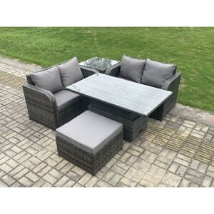 Outdoor Rattan Furniture Garden Dining Set Height Adjustable Rising lifting Table Love Sofa Set With Side Table Big Footstool Dark Grey Mixed - Fimous Outdoor Rattan Furniture Garden Dining Set Height Adjustable Rising lifting Table Love Sofa Set With Side Table Big Footstool Dark Grey Mixed - Fimous
