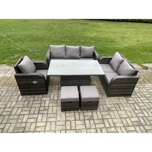 FIMOUS Outdoor Rattan Furniture Garden Dining Set Patio Height Adjustable Rising lifting Table Reclining Chair Sofa With 2 Small Footstools Dark Grey Mixed FIMOUS Outdoor Rattan Furniture Garden Dining Set Patio Height Adjustable Rising lifting Table Reclining Chair Sofa With 2 Small Footstools Dark Grey Mixed