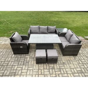 FIMOUS Outdoor Rattan Furniture Garden Dining Set Patio Height Adjustable Rising lifting Table Reclining Chair Sofa With Side Table 2 Small Footstools Dark FIMOUS Outdoor Rattan Furniture Garden Dining Set Patio Height Adjustable Rising lifting Table Reclining Chair Sofa With Side Table 2 Small Footstools Dark