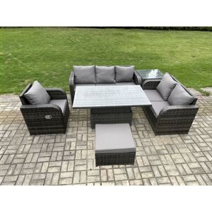 FIMOUS Outdoor Rattan Furniture Garden Dining Set Patio Height Adjustable Rising lifting Table Reclining Chair Sofa With Side Table Big Footstool Dark Grey FIMOUS Outdoor Rattan Furniture Garden Dining Set Patio Height Adjustable Rising lifting Table Reclining Chair Sofa With Side Table Big Footstool Dark Grey