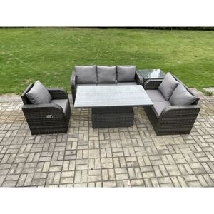 Outdoor Rattan Furniture Garden Dining Set Patio Height Adjustable Rising lifting Table Reclining Chair Sofa With Side Table Dark Grey Mixed - Fimous Outdoor Rattan Furniture Garden Dining Set Patio Height Adjustable Rising lifting Table Reclining Chair Sofa With Side Table Dark Grey Mixed - Fimous