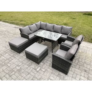 Outdoor Rattan Garden Furniture Corner Sofa Set with Oblong Dining Table 2 Big Footstool 2 Armchairs Patio Wicker Rattan Set Dark Grey Mixed - Fimous Outdoor Rattan Garden Furniture Corner Sofa Set with Oblong Dining Table 2 Big Footstool 2 Armchairs Patio Wicker Rattan Set Dark Grey Mixed - Fimous
