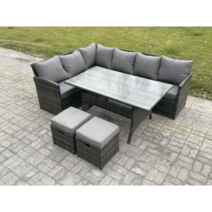 Outdoor Rattan Garden Furniture Corner Sofa Set with Rectangular Dining Table 2 Small Footstools Patio Wicker Rattan Set Dark Grey Mixed - Fimous Outdoor Rattan Garden Furniture Corner Sofa Set with Rectangular Dining Table 2 Small Footstools Patio Wicker Rattan Set Dark Grey Mixed - Fimous