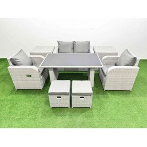 Outdoor Rattan Garden Furniture Dining Set 6-seater Patio Rectangular Table Love Sofa Reclining Chair Set with 2 Side Tables 2 Small Stools - Fimous Outdoor Rattan Garden Furniture Dining Set 6-seater Patio Rectangular Table Love Sofa Reclining Chair Set with 2 Side Tables 2 Small Stools - Fimous