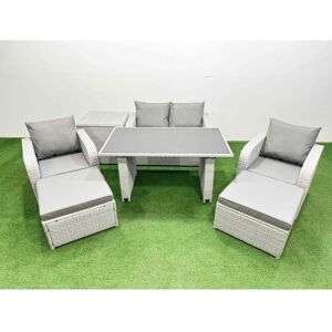 Outdoor Rattan Garden Furniture Dining Set 6-seater Patio Rectangular Table Love Sofa Reclining Chair Set with Side Table 2 Big Stools - Fimous Outdoor Rattan Garden Furniture Dining Set 6-seater Patio Rectangular Table Love Sofa Reclining Chair Set with Side Table 2 Big Stools - Fimous