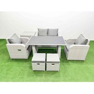 Outdoor Rattan Garden Furniture Dining Set 6-seater Patio Rectangular Table Love Sofa Reclining Chair Set with Side Table 2 Small Stools - Fimous Outdoor Rattan Garden Furniture Dining Set 6-seater Patio Rectangular Table Love Sofa Reclining Chair Set with Side Table 2 Small Stools - Fimous