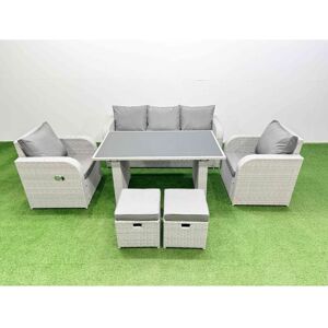 Outdoor Rattan Garden Furniture Dining Set 7-seater Patio Rectangular Table 3 Seater Sofa Reclining Chair Set with 2 Small Stools - Fimous Outdoor Rattan Garden Furniture Dining Set 7-seater Patio Rectangular Table 3 Seater Sofa Reclining Chair Set with 2 Small Stools - Fimous