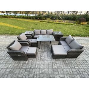 Outdoor Rattan Garden Furniture Set 10 Seater Patio Lounge Sofa Set with Dining Table 3 Footstools 2 Side Tables Dark Grey Mixed - Fimous Outdoor Rattan Garden Furniture Set 10 Seater Patio Lounge Sofa Set with Dining Table 3 Footstools 2 Side Tables Dark Grey Mixed - Fimous