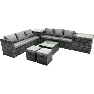 Outdoor Rattan Garden Furniture Set 8 Seater Patio Lounge Sofa Set with Square Coffee Table 2 Side Table 2 Small Footstools Dark Grey Mixed - Fimous Outdoor Rattan Garden Furniture Set 8 Seater Patio Lounge Sofa Set with Square Coffee Table 2 Side Table 2 Small Footstools Dark Grey Mixed - Fimous