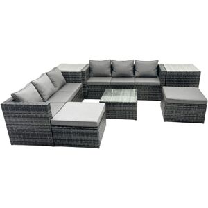 Outdoor Rattan Garden Furniture Set 8 Seater Patio Lounge Sofa Set with Square Coffee Table 2 Side Tables 2 Big Footstools Dark Grey Mixed - Fimous Outdoor Rattan Garden Furniture Set 8 Seater Patio Lounge Sofa Set with Square Coffee Table 2 Side Tables 2 Big Footstools Dark Grey Mixed - Fimous