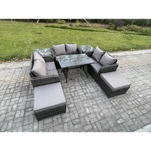 Outdoor Rattan Garden Furniture Set 8 Seater Patio Love Sofa Set with Rectangular Dining Table 2 Big Footstool 2 Side Tables Dark Grey Mixed - Fimous Outdoor Rattan Garden Furniture Set 8 Seater Patio Love Sofa Set with Rectangular Dining Table 2 Big Footstool 2 Side Tables Dark Grey Mixed - Fimous