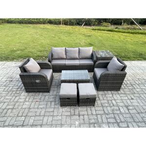 FIMOUS Outdoor Rattan Garden Furniture Set Patio Lounge Sofa Set with Reclining Chair Rectangular Coffee Table Side Table 2 Small Footstools Dark Grey Mixed FIMOUS Outdoor Rattan Garden Furniture Set Patio Lounge Sofa Set with Reclining Chair Rectangular Coffee Table Side Table 2 Small Footstools Dark Grey Mixed