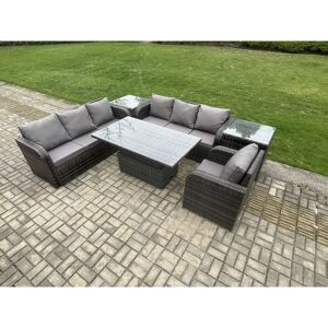 FIMOUS Outdoor Rattan Garden Furniture Sets Height Adjustable Rising lifting Dining Table Sofa Set with Reclining Chair 2 Side Tables Dark Grey Mixed FIMOUS Outdoor Rattan Garden Furniture Sets Height Adjustable Rising lifting Dining Table Sofa Set with Reclining Chair 2 Side Tables Dark Grey Mixed