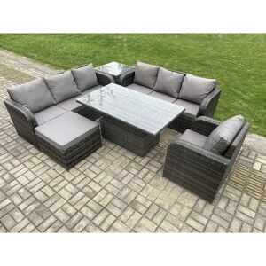 FIMOUS Outdoor Rattan Garden Furniture Sets Height Adjustable Rising lifting Dining Table Sofa Set with Reclining Chair Big Footstool Side Table Dark Grey FIMOUS Outdoor Rattan Garden Furniture Sets Height Adjustable Rising lifting Dining Table Sofa Set with Reclining Chair Big Footstool Side Table Dark Grey