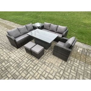 FIMOUS Outdoor Rattan Garden Furniture Sets Height Adjustable Rising lifting Dining Table Sofa Set with Reclining Chair Side Table 2 Small Footstools Dark FIMOUS Outdoor Rattan Garden Furniture Sets Height Adjustable Rising lifting Dining Table Sofa Set with Reclining Chair Side Table 2 Small Footstools Dark