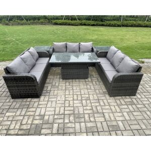 Patio Garden Dining Set Outdoor Rattan Furniture Lounge Sofa Height Adjustable Rising lifting Table With 2 Side Tables Dark Grey Mixed - Fimous Patio Garden Dining Set Outdoor Rattan Furniture Lounge Sofa Height Adjustable Rising lifting Table With 2 Side Tables Dark Grey Mixed - Fimous