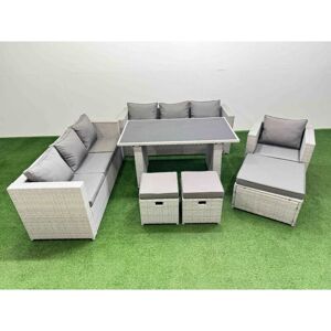 Patio Garden Furniture Sets with Black Glass Top Dining Table 3 Seater Sofa Armchair 3 Stool Light Grey - Fimous Patio Garden Furniture Sets with Black Glass Top Dining Table 3 Seater Sofa Armchair 3 Stool Light Grey - Fimous
